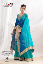 Sunehri by Gulzar| Embroidered Viscose Simmer Jacket with Sharara & Dupatta Set 3032